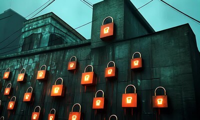 Aufkleber - City wall, glowing padlocks, urban decay, data security