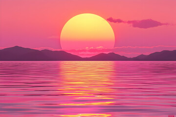 Sticker - Pink sunset over calm ocean and mountains