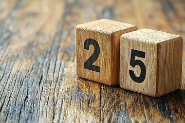 wooden blocks showing 25 on rustic table