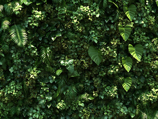 Sticker - Lush green wall, tropical plants, sunlight, natural background, interior design