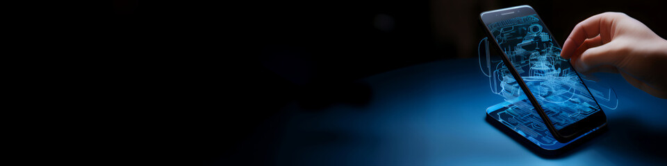 linkedin banner of mobile phone app grid view with blue light map with wireframe hologram projection emerging from smartphone screen in dark environment