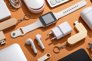 Wall Mural - composition with various modern gadgets on color background