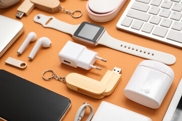 Wall Mural - composition with various modern gadgets on color background