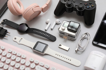 Wall Mural - composition with various modern gadgets on grey background
