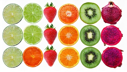 Canvas Print - Vibrant array of sliced fruits: limes, oranges, strawberries, kiwi, and dragon fruit.