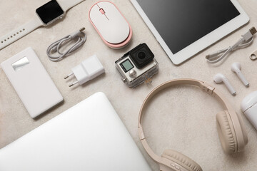 Wall Mural - set of various modern devices on light background