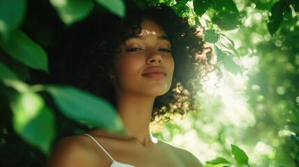 Wall Mural - Beautiful young woman with curly natural hair in white dress standing among lush green leaves, enjoying a serene summer moment in a forest setting.