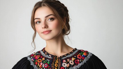 Wall Mural - Elegant Ukrainian woman wearing a traditional black embroidered blouse adorned with vibrant floral patterns against a soft white background.