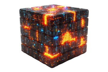 Poster - Futuristic cube composed of glowing digital patterns and circuits, showcasing a vibrant interplay of colors designed for advanced technology themes.