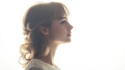 Wall Mural - Caucasian Woman Profile Against Soft Backlight with Light Brown Curly Hair in Casual Sweater Top, Elegant Side View Portrait