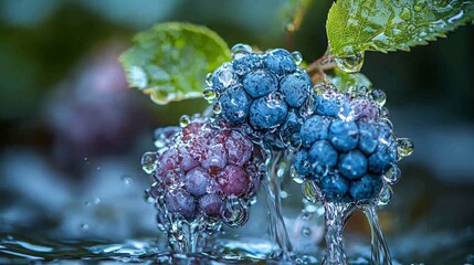 Wall Mural - Fresh blackberries splashing in water, close-up, garden background, food photography