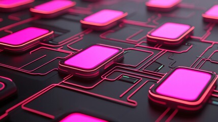 Wall Mural - abstract futuristic technology background pink neon glow on dark circuit board