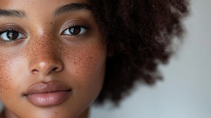 Sticker - Close-up portrait of a young woman with dark brown skin showcasing natural freckles and hyperpigmentation against a light background.