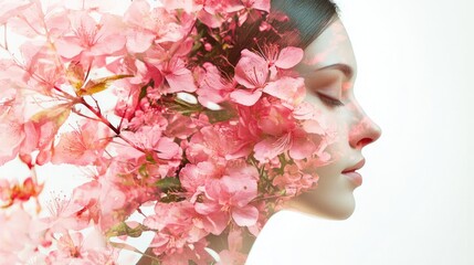 Wall Mural - Double Exposure Portrait of Serene Woman with Delicate Pink Flowers Blending in Artistic Floral Composition on Soft White Background