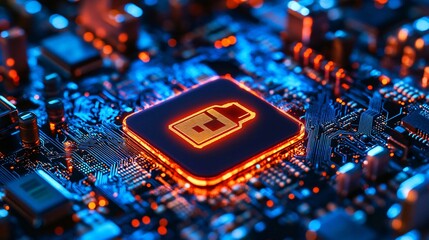 Poster - glowing data security icon on illuminated circuit board digital privacy technology concept