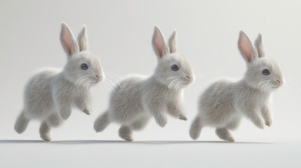 Adorable fluffy rabbits with perky ears hopping on white background