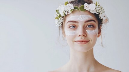 Sticker - Young woman with floral crown applying face moisturizing cream on smooth skin, emphasizing beauty and self-care against light gray background for cosmetics banner.