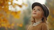 © The 2R Artificiality - Young girl wearing a stylish hat gazing upwards amidst vibrant golden autumn trees in a serene outdoor setting capturing the essence of fall.