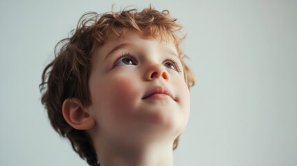 Poster - young boy gazing upwards with curly hair on a soft white background suggesting innocence and wonder