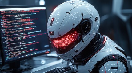 Cybernetic Intelligence: A futuristic robot programmer diligently works on complex code, showcasing technological advancement and artificial intelligence.
