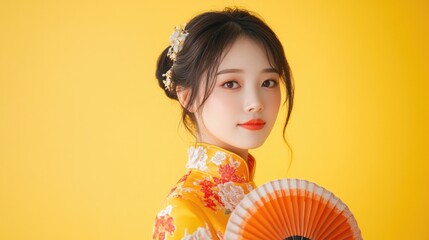 Wall Mural - Portrait of a beautiful young Asian woman in a vibrant yellow Chinese dress holding a decorative fan, celebrating Chinese New Year against a bright yellow background.