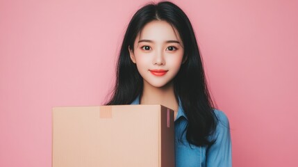 portrait of a beautiful young asian woman holding a cardboard box for shipping against a soft pink b