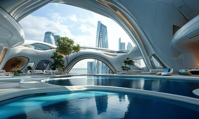 Aufkleber - Futuristic building interior pool, city view