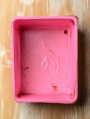 Poster - Empty pink rectangular tray on a wooden surface in a minimalist style : Generative AI