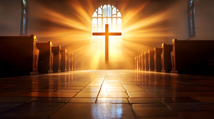 Aufkleber - Radiant Sunlight Streaming Through Church Window Illuminating a Cross and Pews : Generative AI