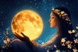© kazitafahnizeer - whimsical Ostara witchy style cute cartoon Woman holding glowing moon in peaceful night. illustration Ostara cartoon pastel happiness mood