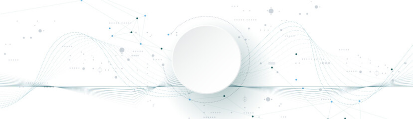 Leinwandbilder - Vector illustration abstract modern technology design. White circle, geometric shape, wave wireframe line pattern and circuit board on white - grey background. Technology concept for banner, template