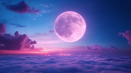 pink full moon rising over a sea of clouds at sunset, dreamy night sky, celestial background ideal f