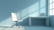 © sadewotito - Modern minimalist office interior with white desk, chair, and laptop in sunlit room.