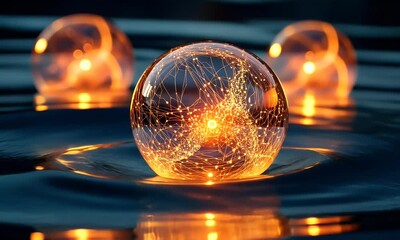 Poster - Glowing orbs network water reflection, dark background