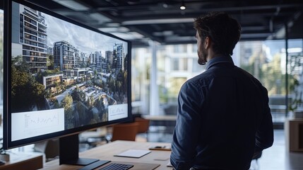 real estate agent presenting a virtual tour of a property on a large digital screen in a modern offi