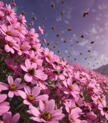 Wall Mural - A swarm of bees hovering above a bed of pink flowers, apiary activity, natural scene, colorful blooms