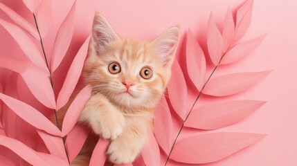 Wall Mural - a playful orange kitten peeks out from between soft pink paper leaves, creating a cute and whimsical