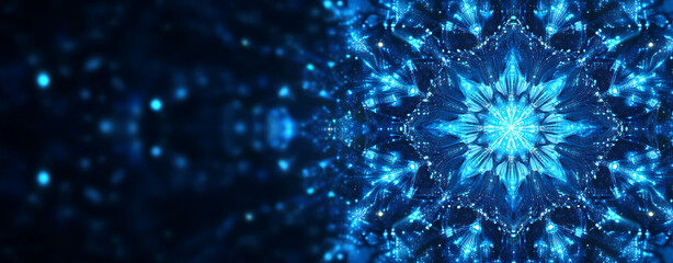 Abstract blue digital kaleidoscope pattern with glowing light and bokeh effect on dark background creating futuristic design