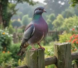 Wall Mural - A wood pigeon perched on a weathered wooden fence post in a rural garden near a small village in southern England, rural, countryside