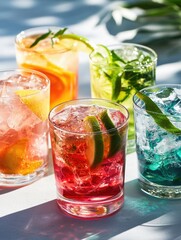 Wall Mural - A row of colorful drinks with a lime wedge in each. The drinks are in different colors and sizes