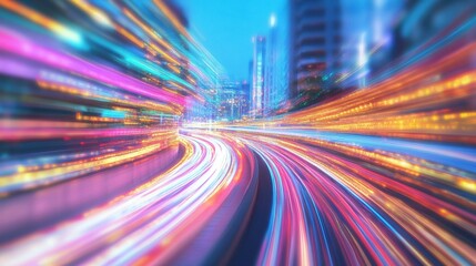 Wall Mural - colorful light trails stretch across a bustling city, showcasing the rapid movement of vehicles and 
