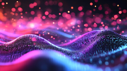 Fototapete - Vibrant Neon Waves with Bokeh Lights in a Dynamic Digital Abstract Background : Generative AI