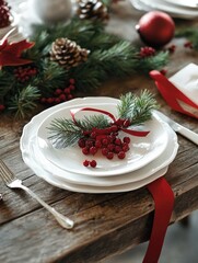 Wall Mural - A table with a white plate and a fork on it. The plate has a red ribbon and berries on it