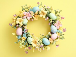 Wall Mural - A wreath made of flowers and eggs with a yellow background. The wreath is colorful and cheerful, and it gives off a sense of springtime and new beginnings