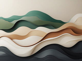 Abstract composition of layered waves in earthy tones, blending beige, green, and black with smooth gradients.