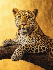 Wall Mural - a leopard is sitting on a tree branch. the image has a warm, golden tone and a sense of calmness