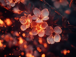 Poster - A close up of a flower with a warm orange glow. Concept of warmth and beauty, as the flowers are lit up with a soft, warm light. The image is a reminder of the beauty of nature