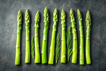 Sticker - A row of green asparagus with a leafy green stem. The asparagus are all lined up next to each other