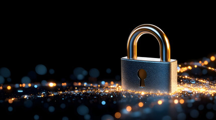 A digital padlock with cyber security technology on a blue background. Digital security, protection against cyber attack. Web security