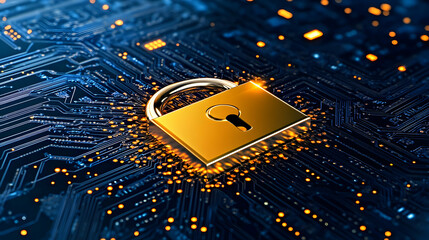 A digital padlock with cyber security technology on a blue background. Digital security, protection against cyber attack. Web security